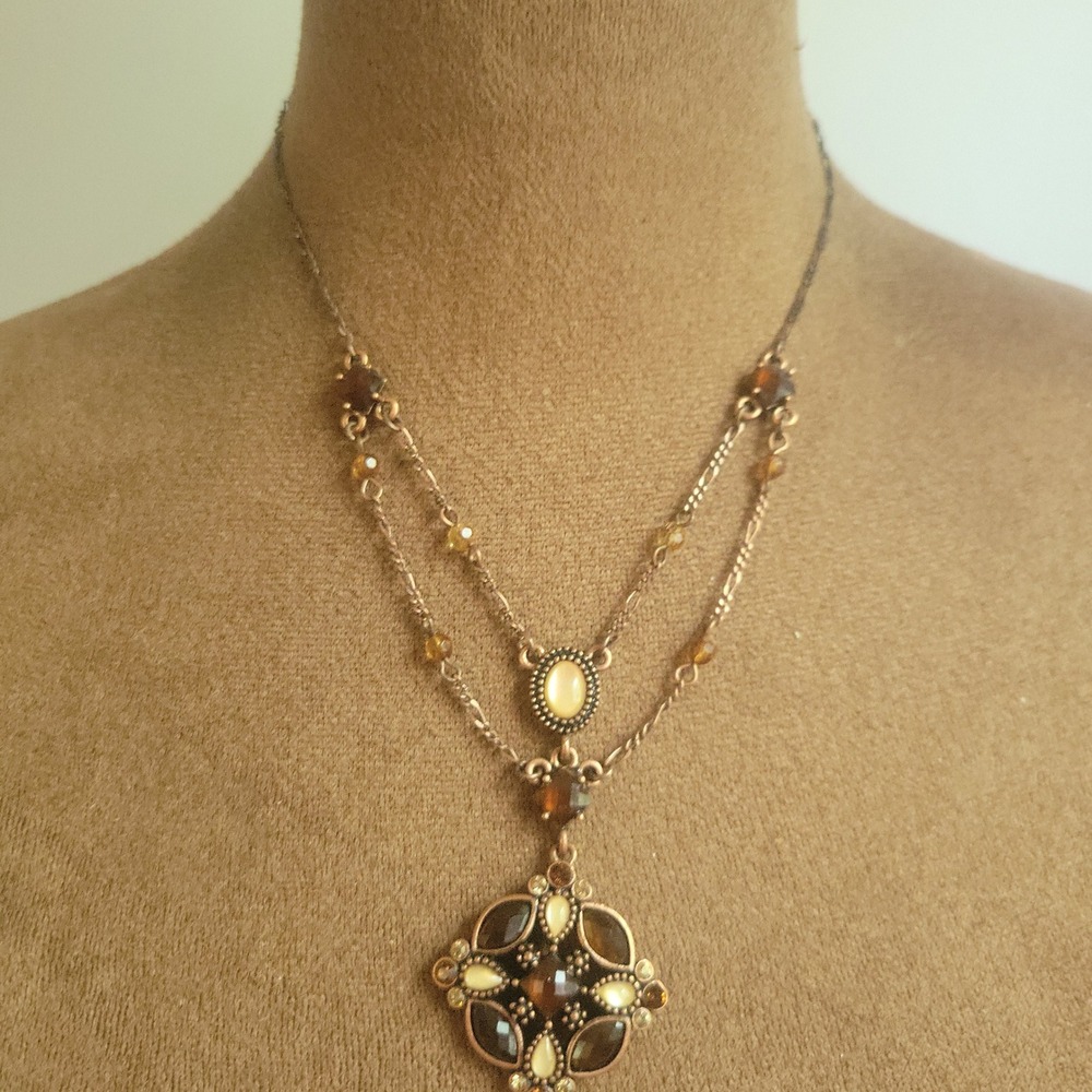 1928 Co Women Copper Tone Amber Cabochon Layered Pendant Necklace Size 16-19 In